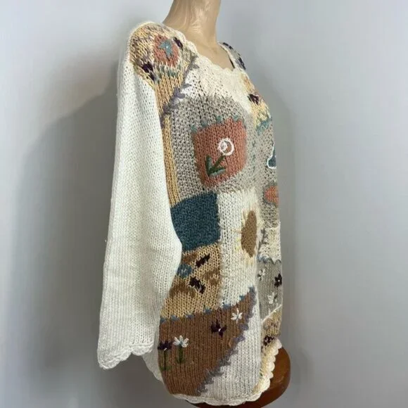 90s Brand New Next Issue Womens Medium Ramie Blend Granny Square Sweater Cottage - Picture 5 of 15